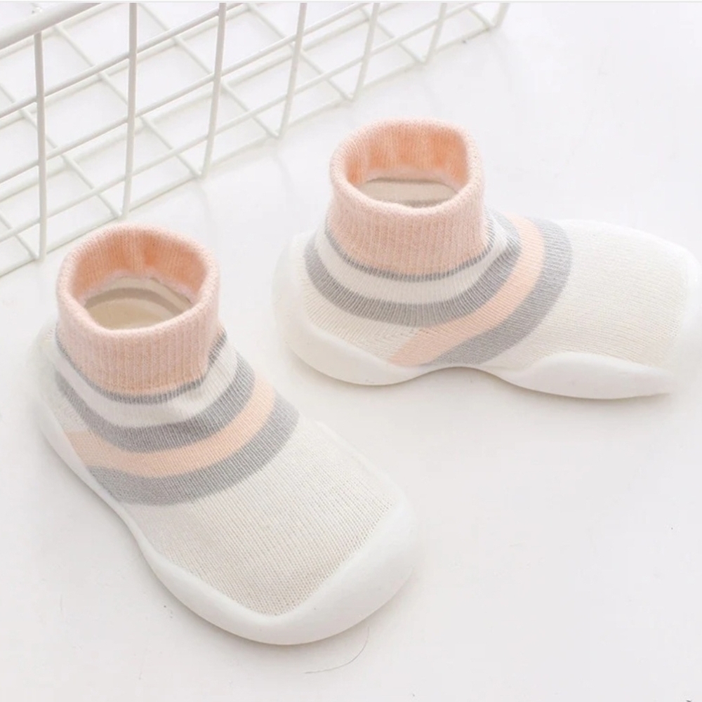 Tiny Explorings Shoes, Light Grey w/Peach Stripes - Size 12-18m, NWT